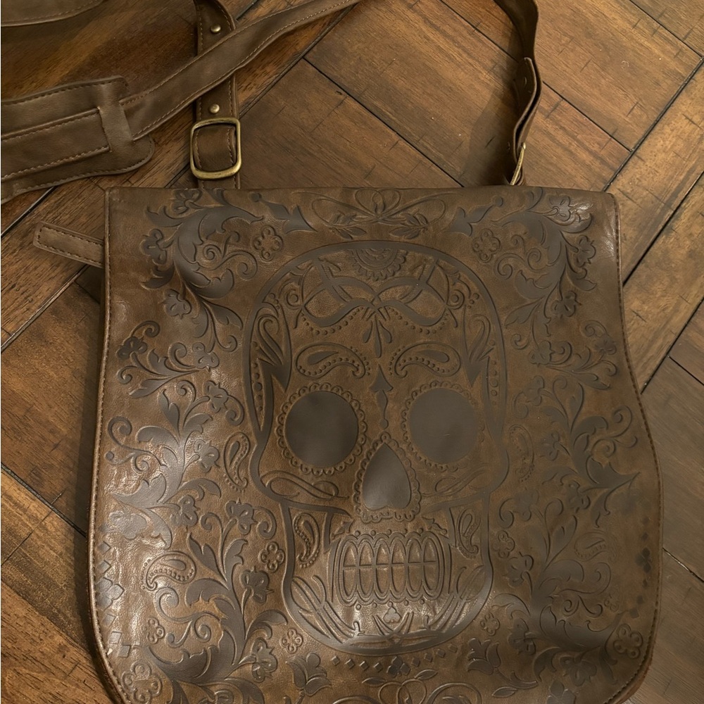 Loungefly Brown Leather Skull Embossed messenger Bag